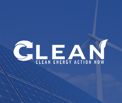 CLEAN campaign logo over image of a solar panel and wind turbine